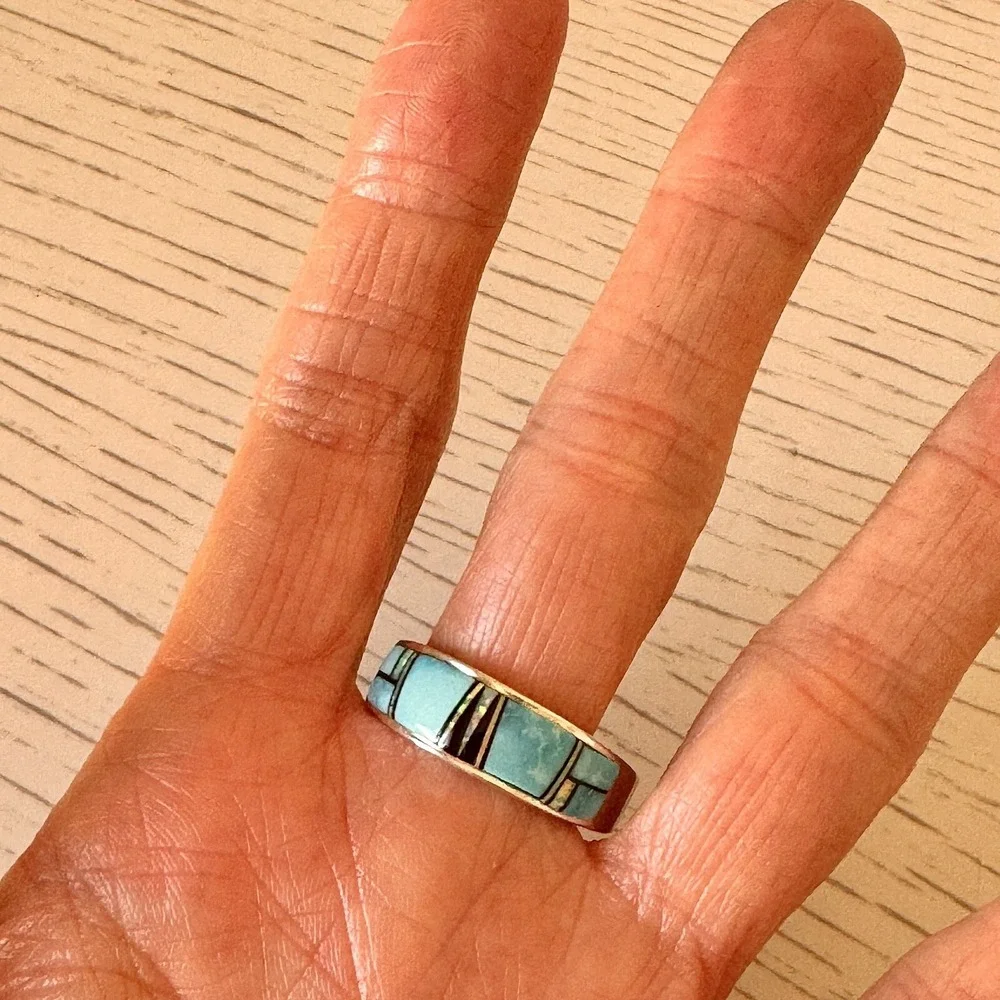 Navajo Inlay Turquoise Opal Wedding Band Sz 13 9mm Ring Men Signed AT B